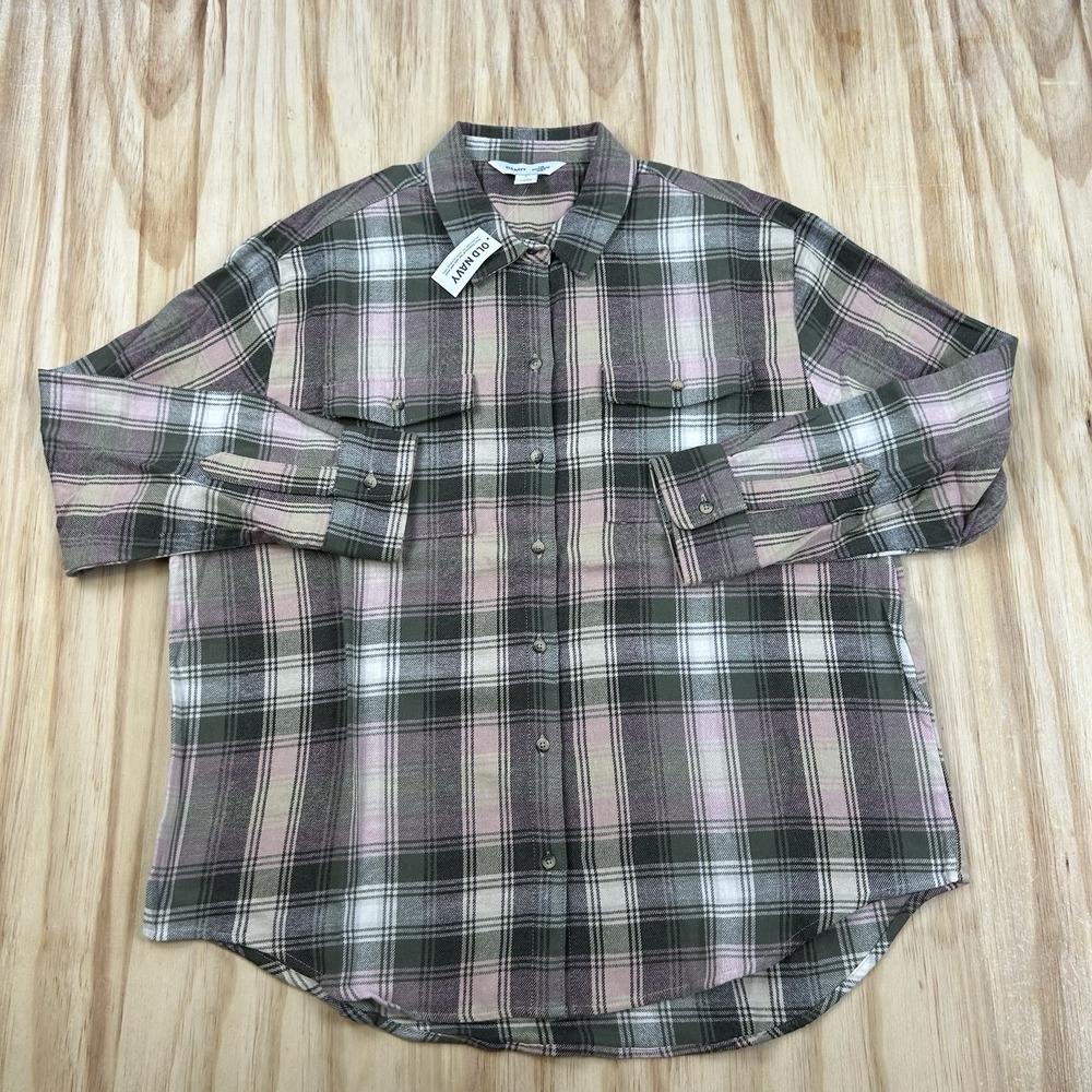 Old Navy Women's NEW Boyfriend Shirt Flannel Green Pink Plaid Large Casual Prepp